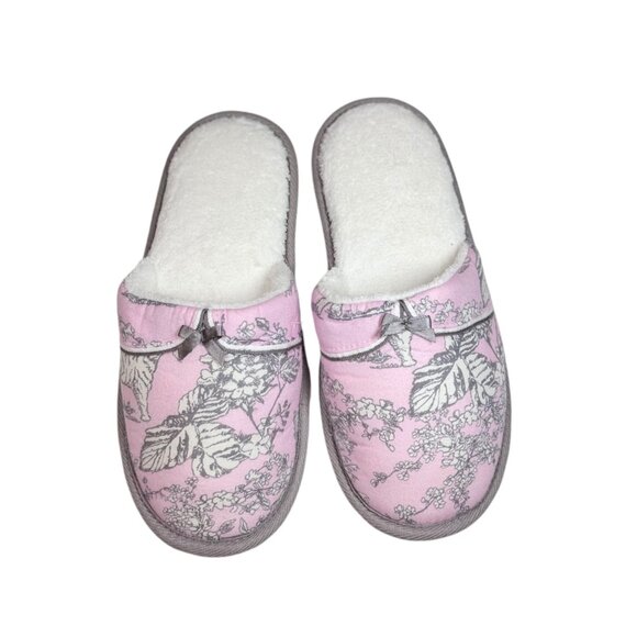 NWOT Victoria’s Secret Slippers Sz. 9 Closed Printed Pink Gray Bow Padded Cozy - Picture 1 of 7